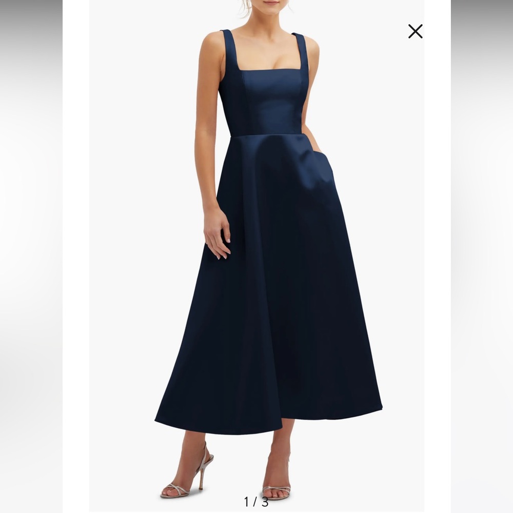 Dessy Square Neck Sateen Navy Blue Gown - size 14